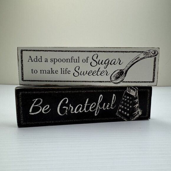 Kitchen Sign Set Be Grateful & Spoonful Of Sugar Shelf Tiered Tray Signs - Picture 1 of 7